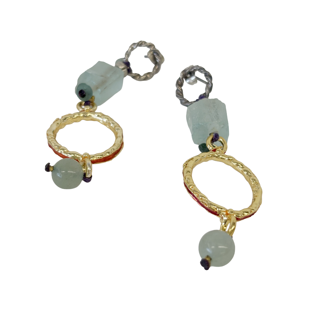 ARTIZ | 'Faceted Glass + Ring Earrings' | Gold-plated Bronze/ silver / Roman glass / gemstone beads