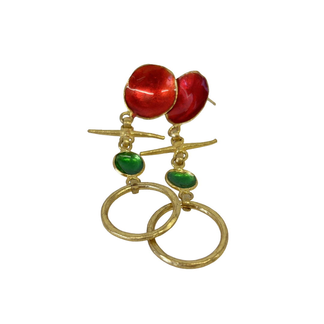 ARTIZ | 'Double Cup + Ring Earrings' | Bronze / red + green enamel