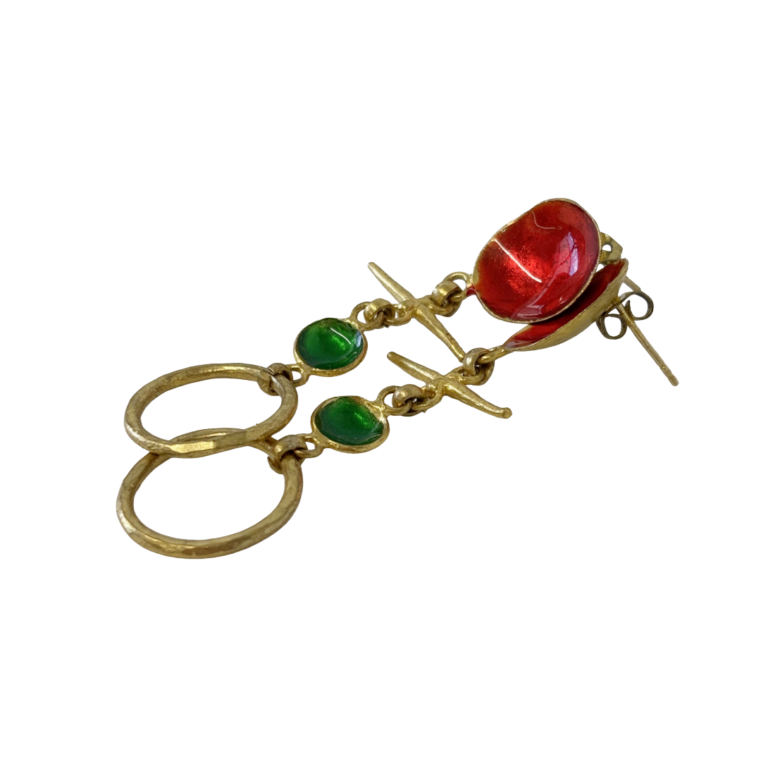 ARTIZ | 'Double Cup + Ring Earrings' | Bronze / red + green enamel