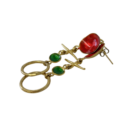ARTIZ | 'Double Cup + Ring Earrings' | Bronze / red + green enamel