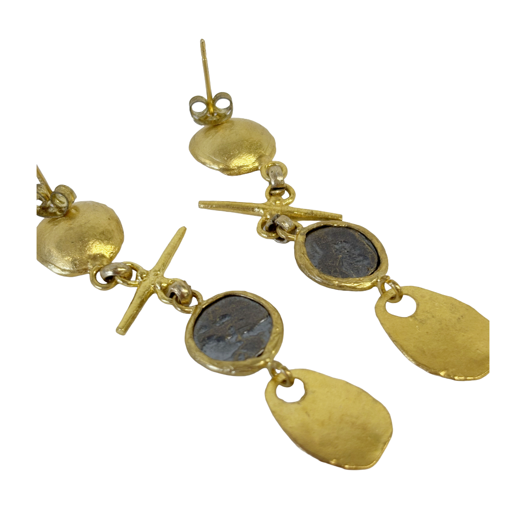 ARTIZ | 'Cup Drop Earrings' - Orange| Silver/ bronze / bronze coin/ orange enamel