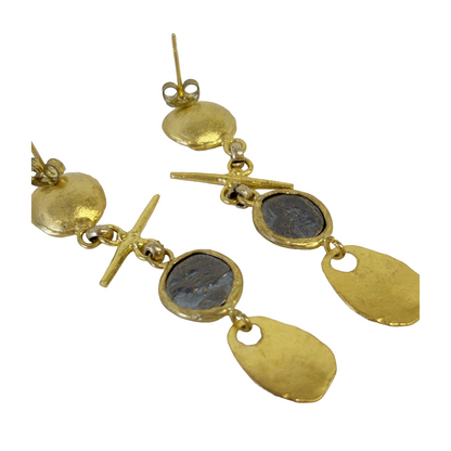 ARTIZ | 'Cup Drop Earrings' - Orange| Silver/ bronze / bronze coin/ orange enamel