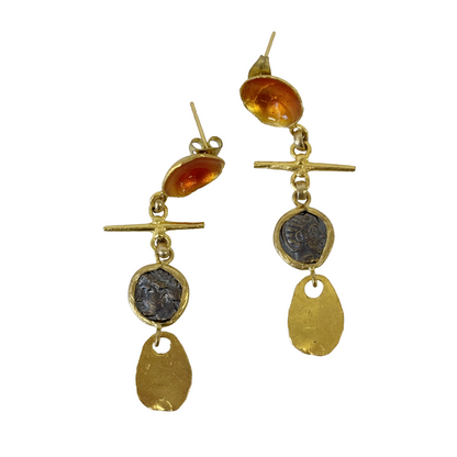 ARTIZ | 'Cup Drop Earrings' - Orange| Silver/ bronze / bronze coin/ orange enamel