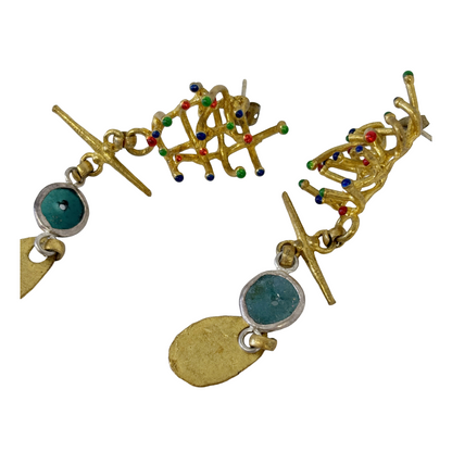 ARTIZ | ‘Cluster Drop Earrings’- Blue Glass | Multicoloured Enamel | Silver/Bronze / enamel