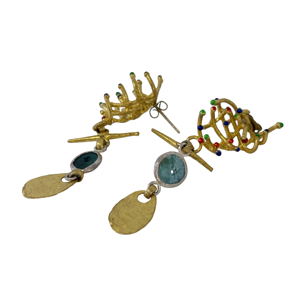 ARTIZ | ‘Cluster Drop Earrings’- Blue Glass | Multicoloured Enamel | Silver/Bronze / enamel