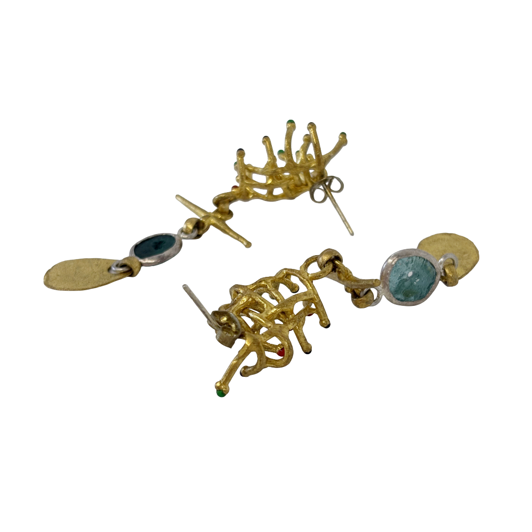 ARTIZ | ‘Cluster Drop Earrings’- Blue Glass | Multicoloured Enamel | Silver/Bronze / enamel