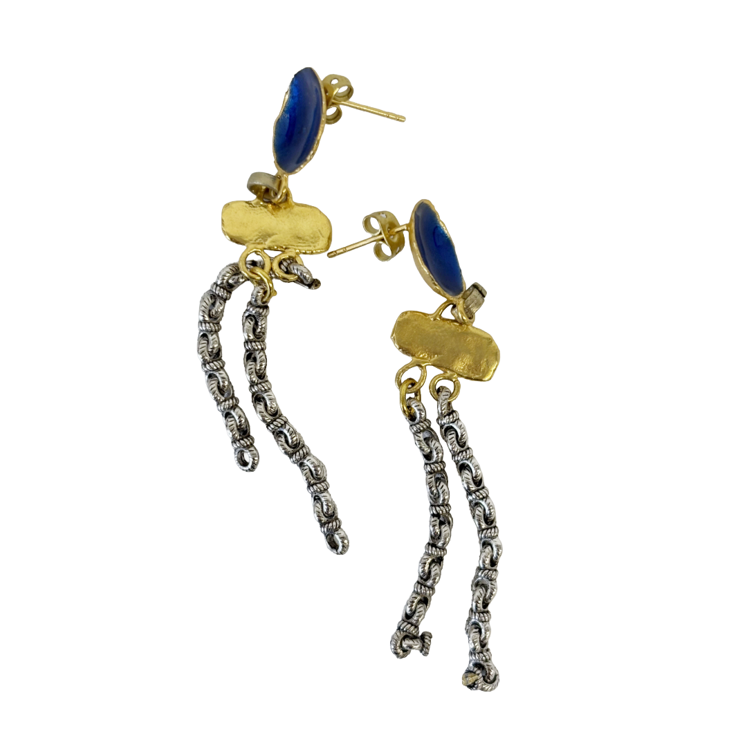 ARTIZ | 'Blue  Cup + Chain Earrings' | bronze / silver / blue enamel
