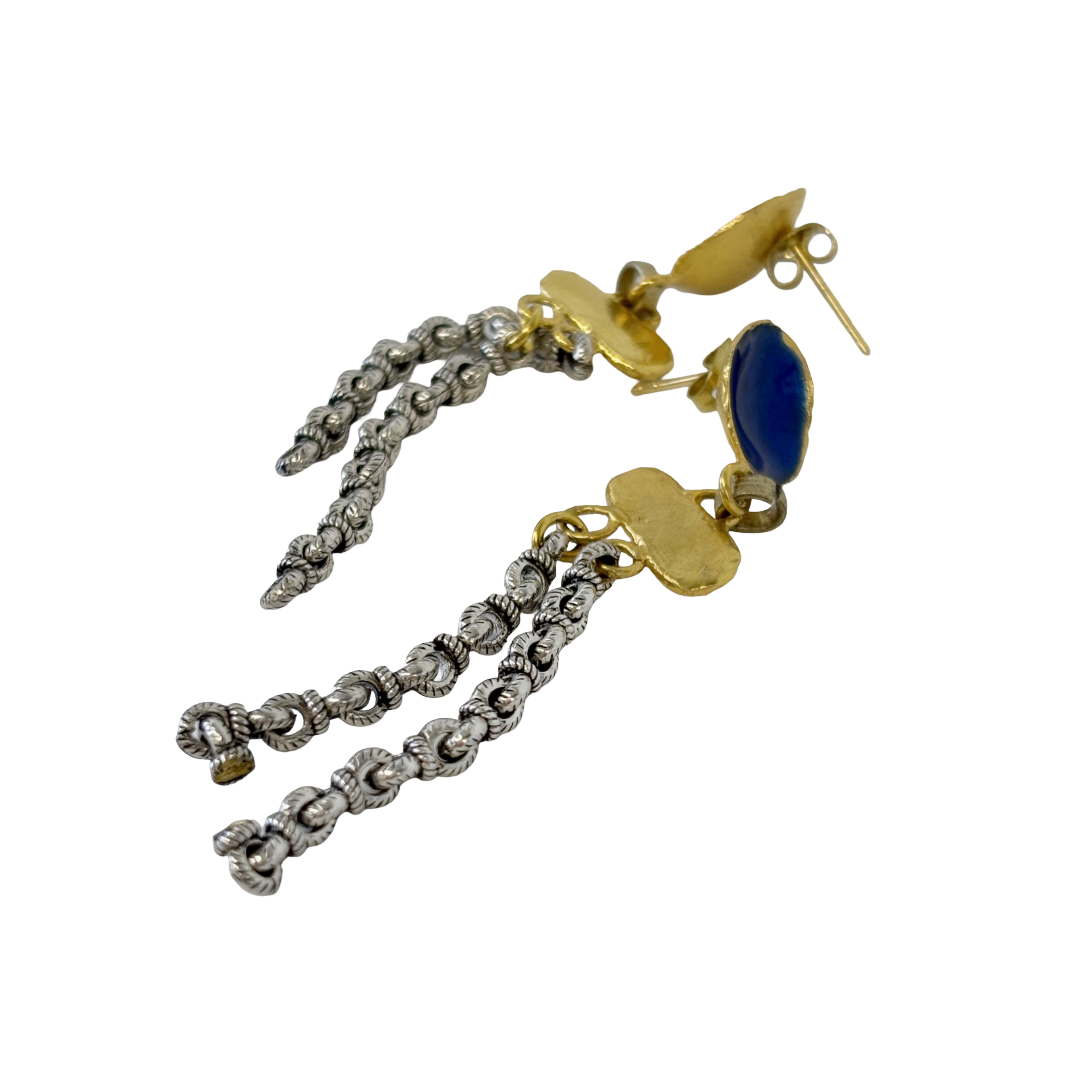 ARTIZ | 'Blue  Cup + Chain Earrings' | bronze / silver / blue enamel