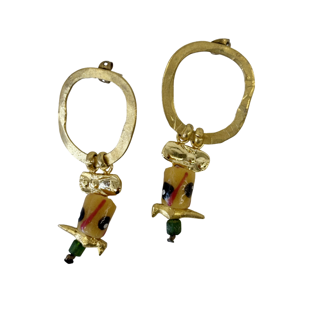 ARTIZ | 'Large Ring Bird + Bead Earrings'  | African beads  / bronze bird charms / silver