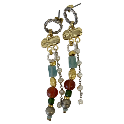 ARTIZ | 'Mixed Metal + Gemstone + Chain Earrings' | Bronze / silver / glass + gemstone beads