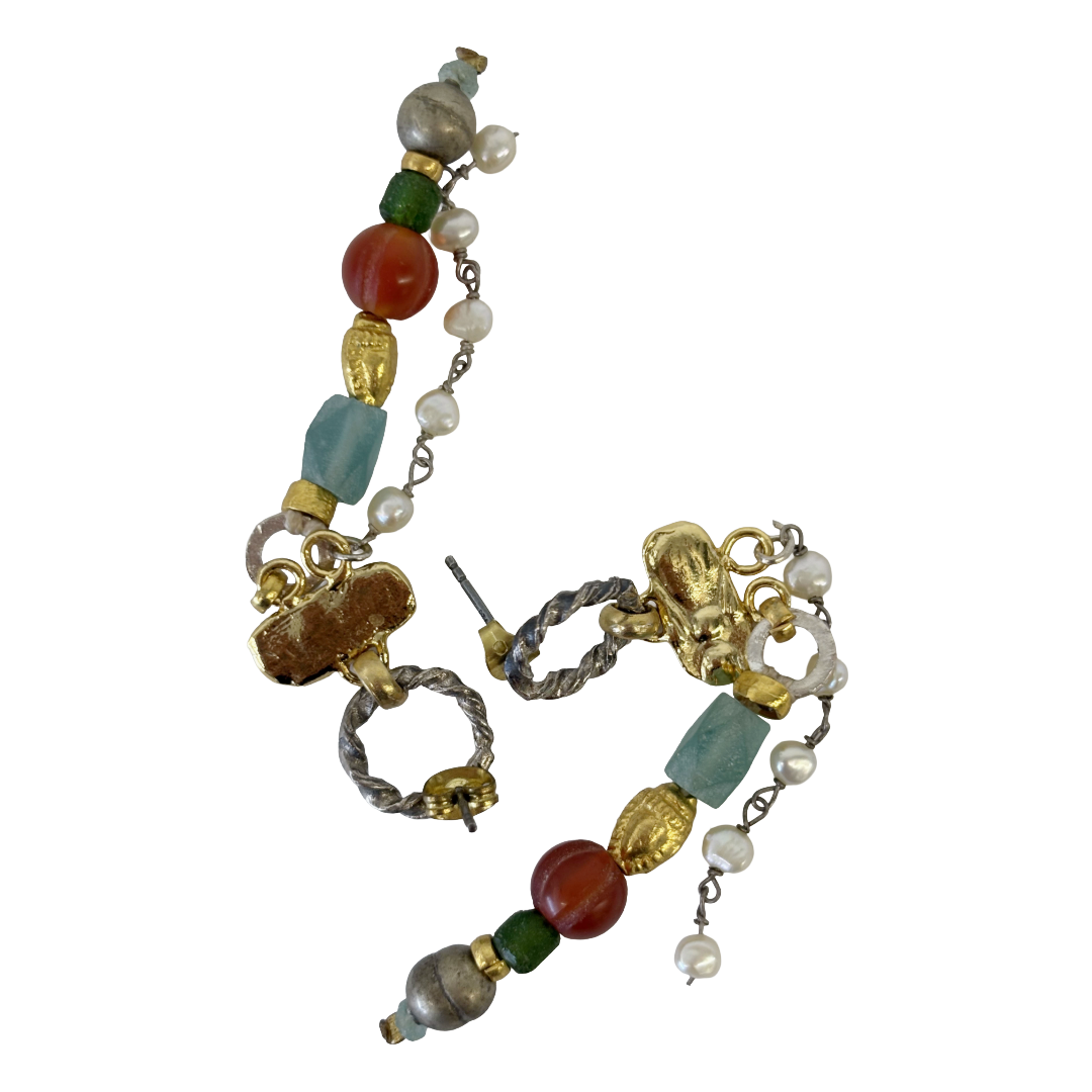 ARTIZ | 'Mixed Metal + Gemstone + Chain Earrings' | Bronze / silver / glass + gemstone beads