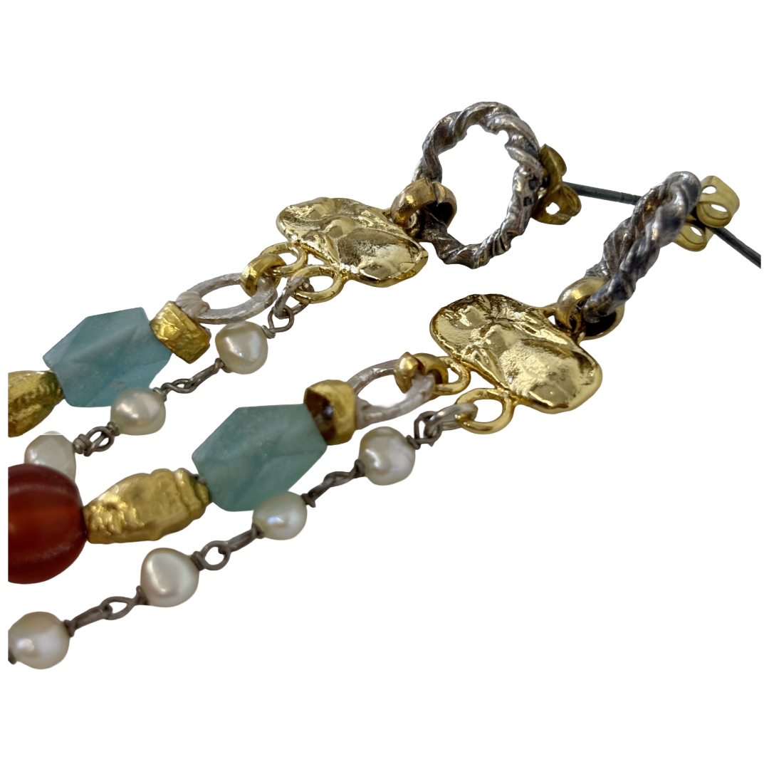 ARTIZ | 'Mixed Metal + Gemstone + Chain Earrings' | Bronze / silver / glass + gemstone beads