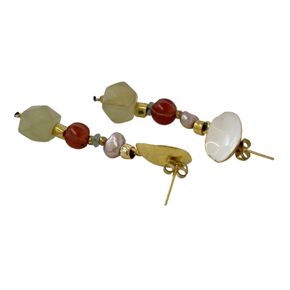 ARTIZ | ‘Cup Gem Drop Earrings' | Bronze / jade / white enamel / stones