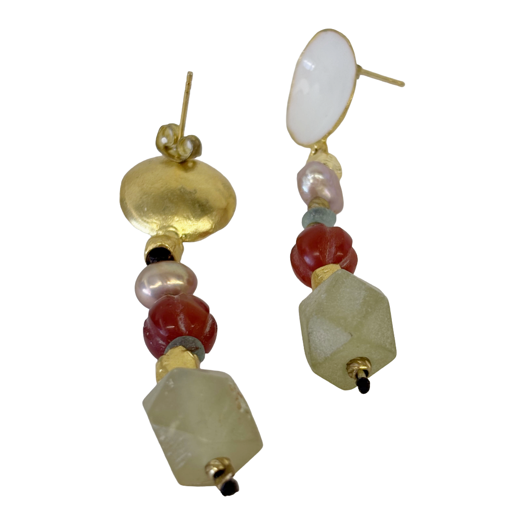 ARTIZ | ‘Cup Gem Drop Earrings' | Bronze / jade / white enamel / stones