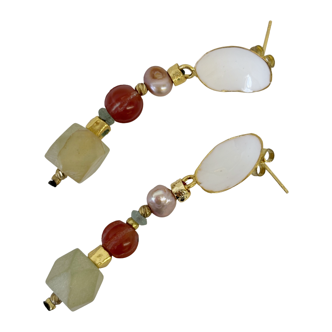 ARTIZ | ‘Cup Gem Drop Earrings' | Bronze / jade / white enamel / stones