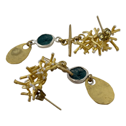 ARTIZ | ‘Long Cluster Drop Earrings’- Blue Glass | White Enamel | Silver/Bronze