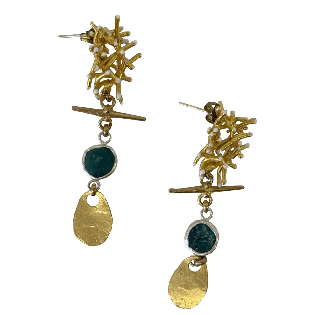 ARTIZ | ‘Long Cluster Drop Earrings’- Blue Glass | White Enamel | Silver/Bronze