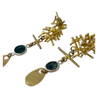 ARTIZ | ‘Long Cluster Drop Earrings’- Blue Glass | White Enamel | Silver/Bronze