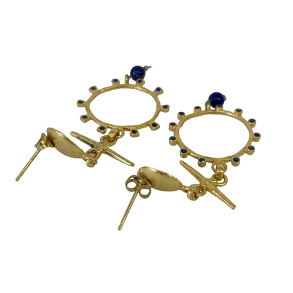 ARTIZ | ‘Blue Enamel Cup + Ring Drop Earrings | gold-plated bronze / enamel / gemstone beads