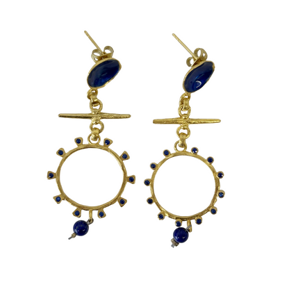 ARTIZ | ‘Blue Enamel Cup + Ring Drop Earrings | gold-plated bronze / enamel / gemstone beads