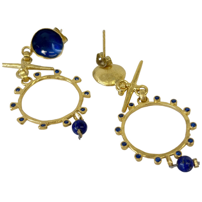 ARTIZ | ‘Blue Enamel Cup + Ring Drop Earrings | gold-plated bronze / enamel / gemstone beads