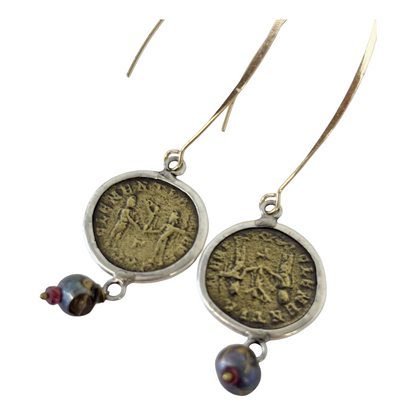 ARTIZ | 'Coin Long Drop Hook Earrings | gold-plated hook/bronze coin/silver