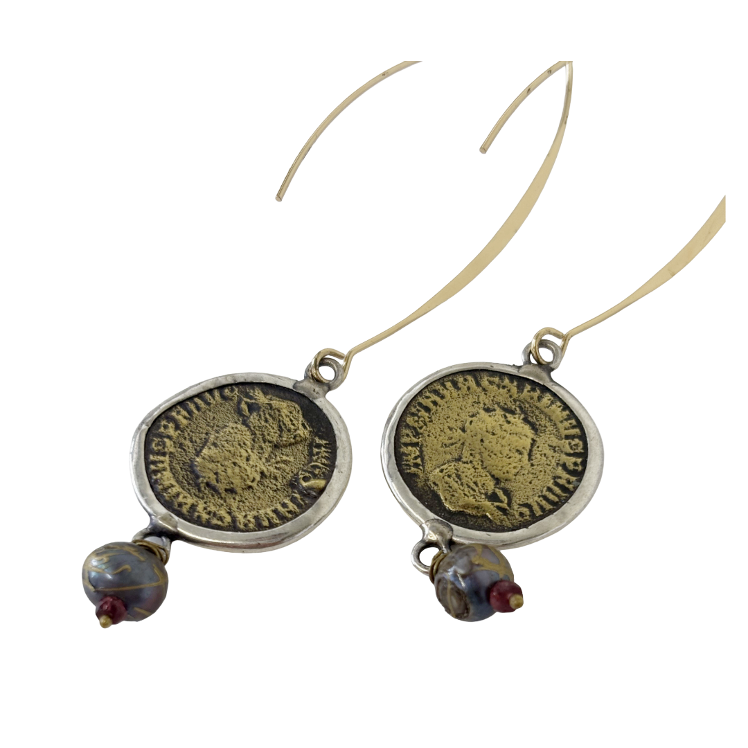 ARTIZ | 'Coin Long Drop Hook Earrings | gold-plated hook/bronze coin/silver