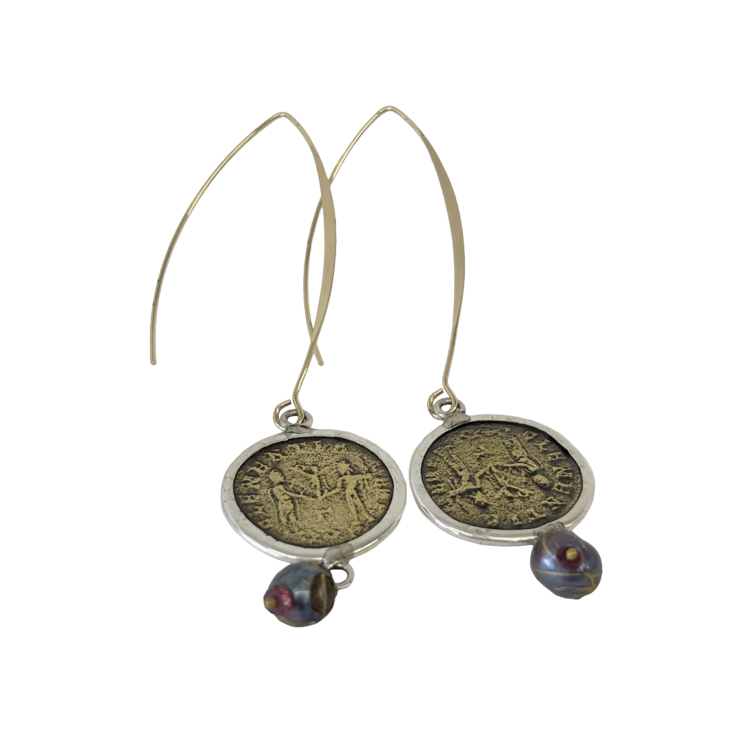 ARTIZ | 'Coin Long Drop Hook Earrings | gold-plated hook/bronze coin/silver
