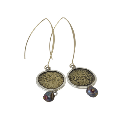 ARTIZ | 'Coin Long Drop Hook Earrings | gold-plated hook/bronze coin/silver