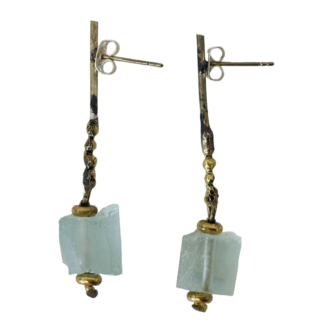 ARTIZ | 'Faceted Gem Drops' Long Stud Earrings | Silver + glass