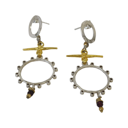 ARTIZ | 'Double Ring Earrings' | Silver/bronze/pearl/crystals