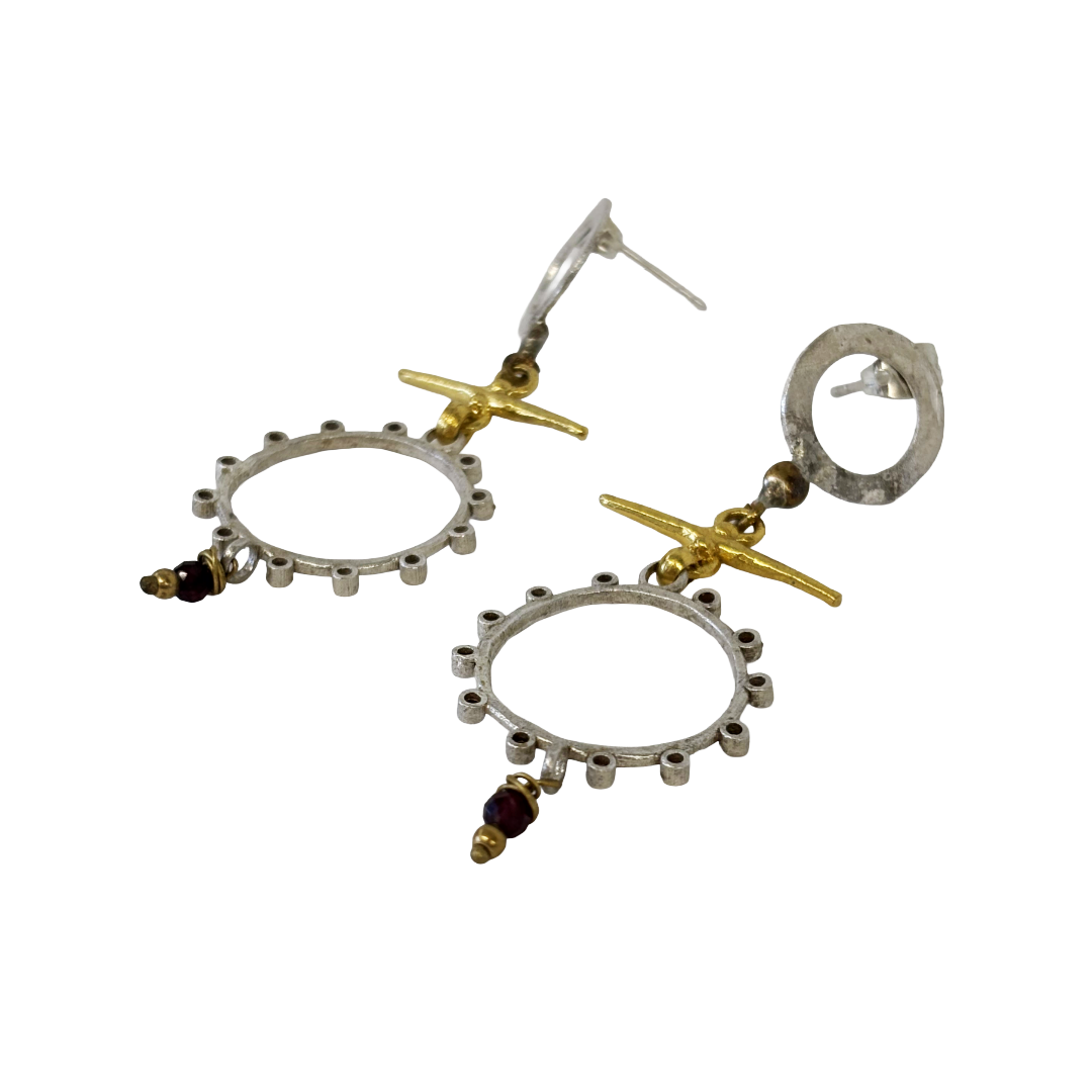 ARTIZ | 'Double Ring Earrings' | Silver/bronze/pearl/crystals