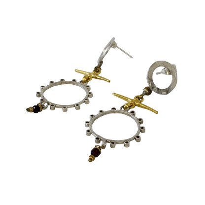 ARTIZ | 'Double Ring Earrings' | Silver/bronze/pearl/crystals