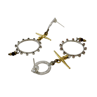 ARTIZ | 'Double Ring Earrings' | Silver/bronze/pearl/crystals