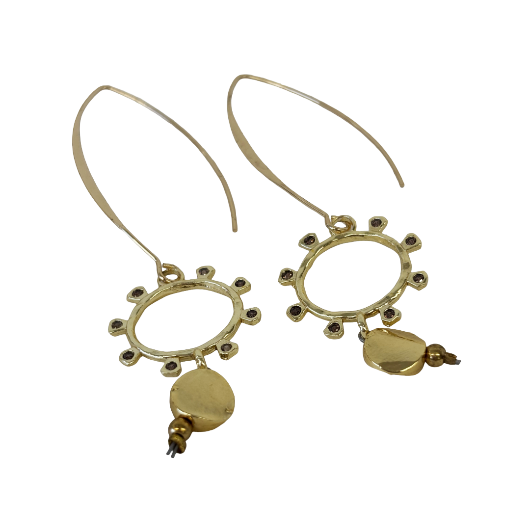 ARTIZ | 'Long Ring Drop Earrings  | Gold plated bronze hook / Gemstone + crystals