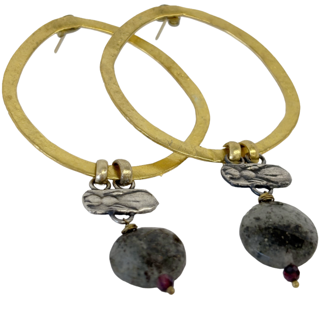 ARTIZ | 'Large Ring + Gemstone Earrings' | Silver / bronze / agate
