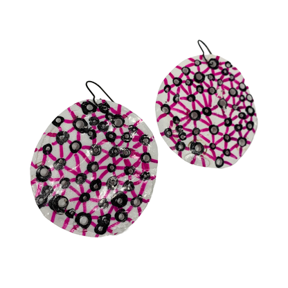 FLASH BLAK | ‘White Plastic Discs’- pink / black pierced | hooks | recycled melted plastic + pen