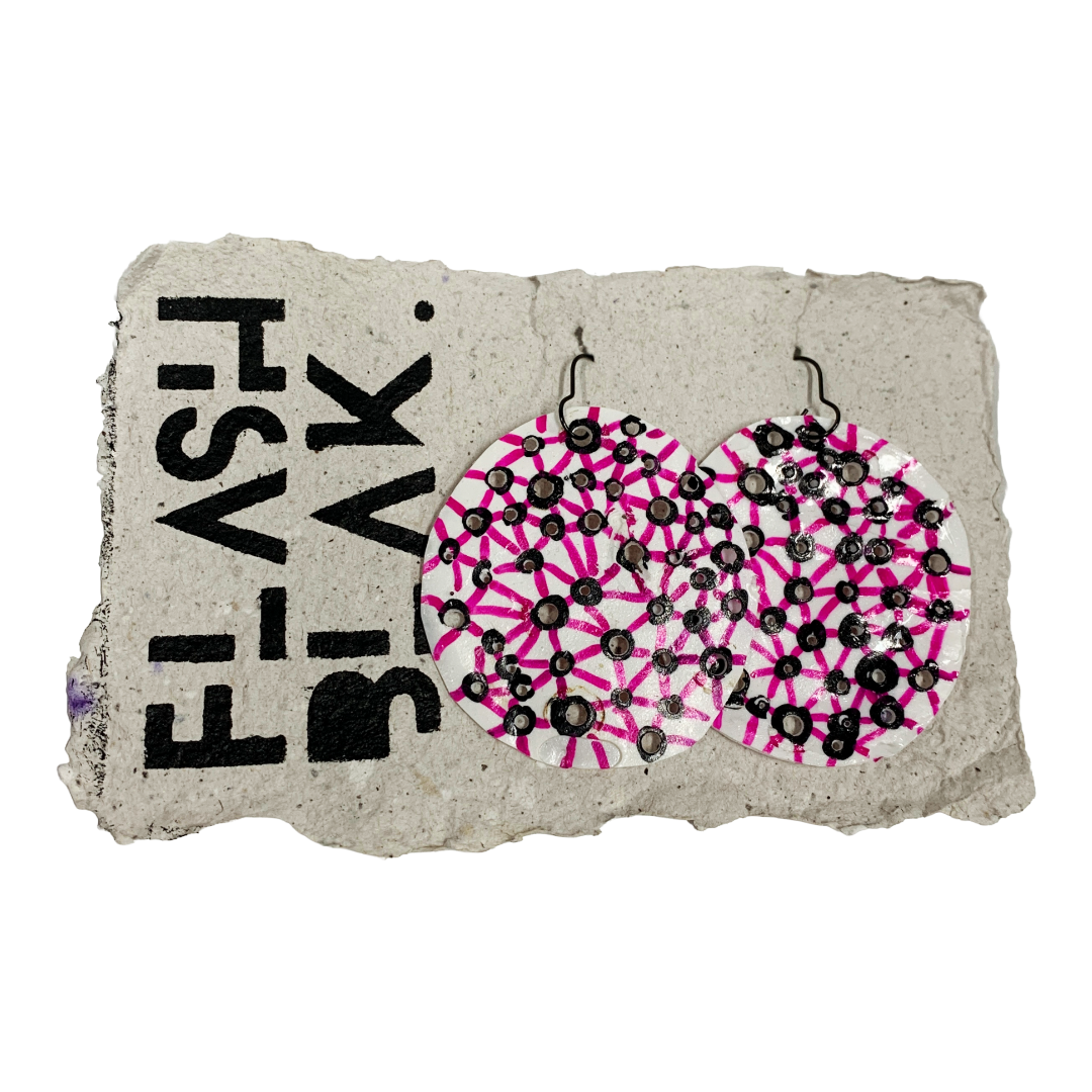 FLASH BLAK | ‘White Plastic Discs’- pink / black pierced | hooks | recycled melted plastic + pen