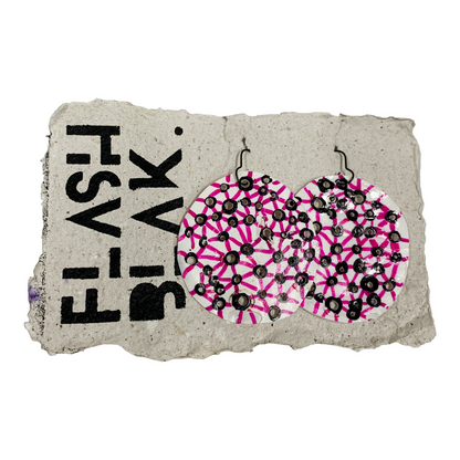 FLASH BLAK | ‘White Plastic Discs’- pink / black pierced | hooks | recycled melted plastic + pen