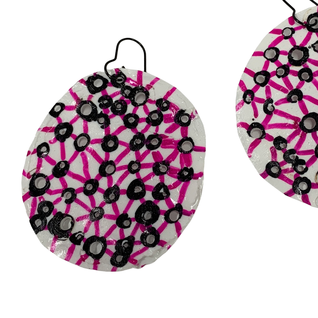 FLASH BLAK | ‘White Plastic Discs’- pink / black pierced | hooks | recycled melted plastic + pen