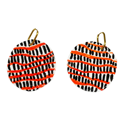 FLASH BLAK | ‘White Plastic Discs’- red / black | huggie hoops | recycled melted plastic + pen