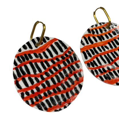 FLASH BLAK | ‘White Plastic Discs’- red / black | huggie hoops | recycled melted plastic + pen