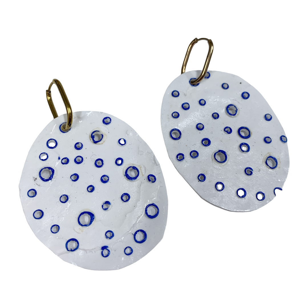FLASH BLAK | ‘White Plastic Discs’- blue pierced | huggie hoops | recycled melted plastic + pen