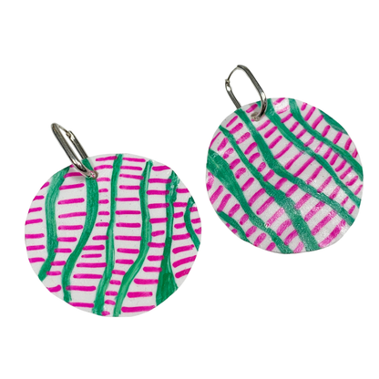 FLASH BLAK | ‘White Plastic Discs’- pink / green | huggie hoops | recycled melted plastic + pen