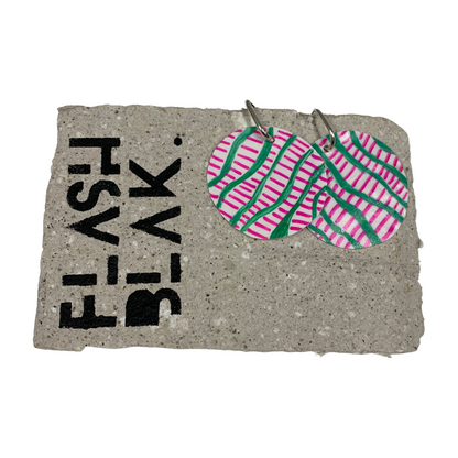 FLASH BLAK | ‘White Plastic Discs’- pink / green | huggie hoops | recycled melted plastic + pen