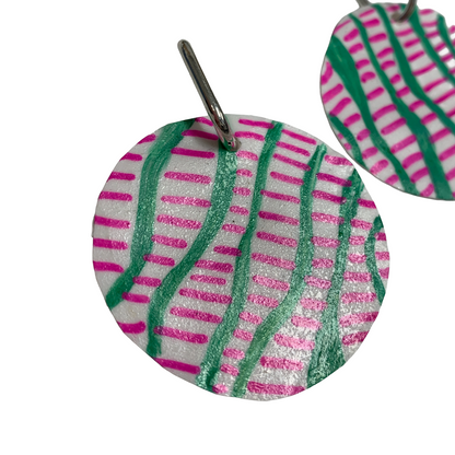 FLASH BLAK | ‘White Plastic Discs’- pink / green | huggie hoops | recycled melted plastic + pen