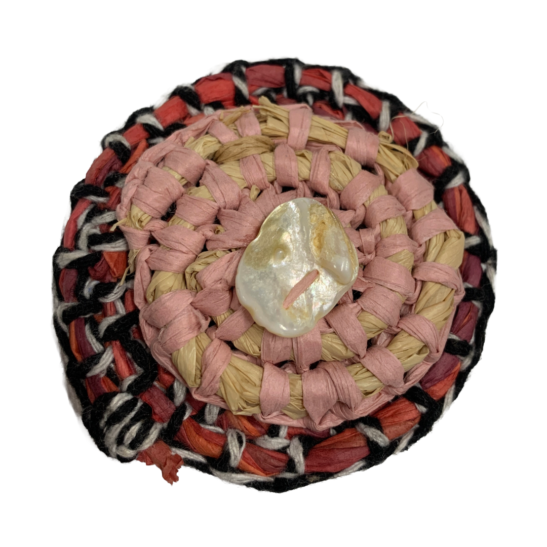FLASH BLAK | ‘Woven Brooch' - red, black, pink + white | raffia & shell button | 9 (d) cm