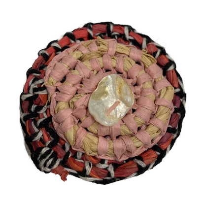 FLASH BLAK | ‘Woven Brooch' - red, black, pink + white | raffia & shell button | 9 (d) cm