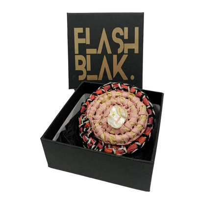 FLASH BLAK | ‘Woven Brooch' - red, black, pink + white | raffia & shell button | 9 (d) cm