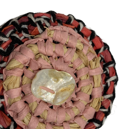 FLASH BLAK | ‘Woven Brooch' - red, black, pink + white | raffia & shell button | 9 (d) cm